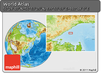 Physical Location Map of the Area around 56° 41' 3" N, 140° 19' 29" E