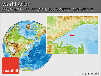 Physical Location Map of the Area around 56° 41' 3" N, 140° 19' 29" E