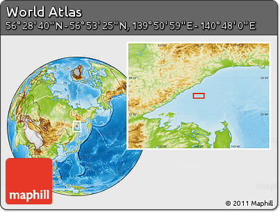 Physical Location Map of the Area around 56° 41' 3" N, 140° 19' 29" E