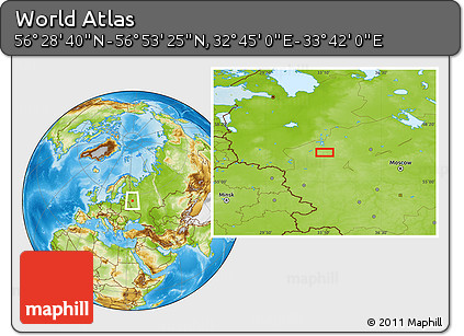 Physical Location Map of the Area around 56° 41' 3" N, 33° 13' 30" E