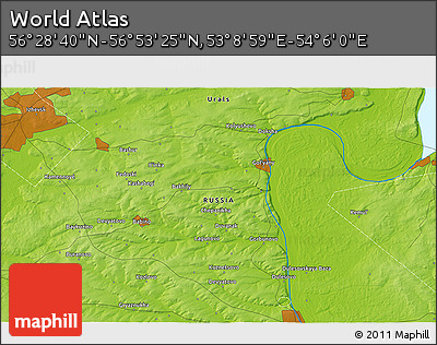 Physical 3D Map of the Area around 56° 41' 3" N, 53° 37' 30" E