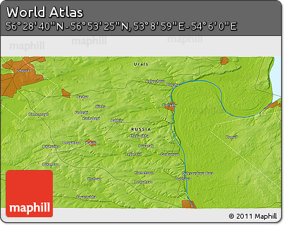 Physical 3D Map of the Area around 56° 41' 3" N, 53° 37' 30" E