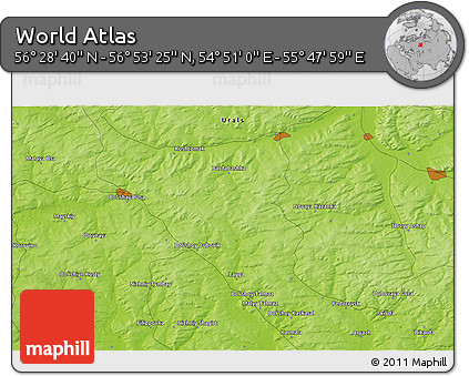 Physical 3D Map of the Area around 56° 41' 3" N, 55° 19' 30" E