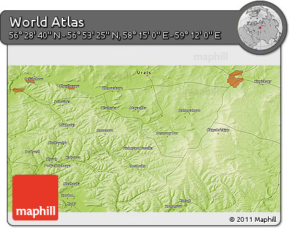 Physical 3D Map of the Area around 56° 41' 3" N, 58° 43' 30" E