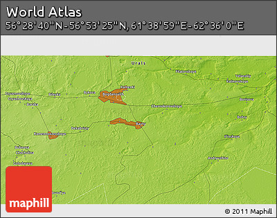 Physical 3D Map of the Area around 56° 41' 3" N, 62° 7' 30" E