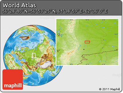 Physical Location Map of the Area around 56° 41' 3" N, 62° 7' 30" E