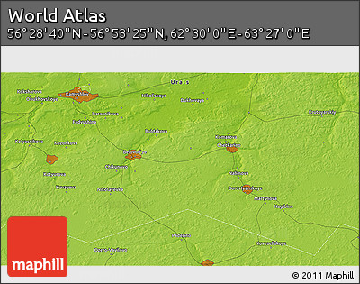 Physical 3D Map of the Area around 56° 41' 3" N, 62° 58' 30" E