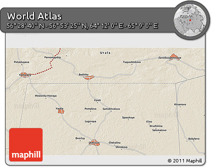 Shaded Relief 3D Map of the Area around 56° 41' 3" N, 64° 40' 30" E