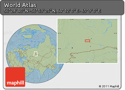 Savanna Style Location Map of the Area around 56° 41' 3" N, 64° 40' 30" E, hill shading
