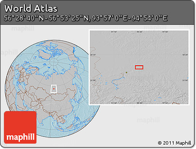 Gray Location Map of the Area around 56° 41' 3" N, 94° 25' 30" E, hill shading