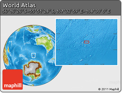 Physical Location Map of the Area around 56° 3' 57" S, 108° 1' 30" E