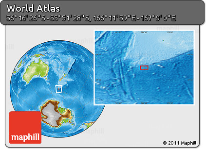 Physical Location Map of the Area around 56° 3' 57" S, 166° 40' 30" E