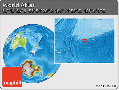 Physical Location Map of the Area around 56° 3' 57" S, 166° 40' 30" E
