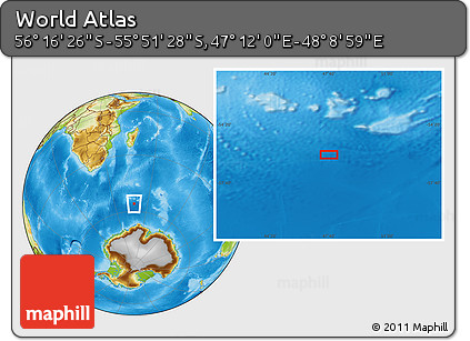 Physical Location Map of the Area around 56° 3' 57" S, 47° 40' 29" E