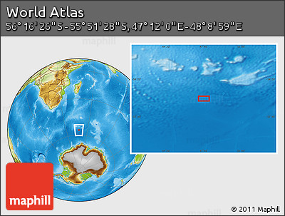 Physical Location Map of the Area around 56° 3' 57" S, 47° 40' 29" E