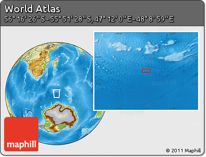 Physical Location Map of the Area around 56° 3' 57" S, 47° 40' 29" E