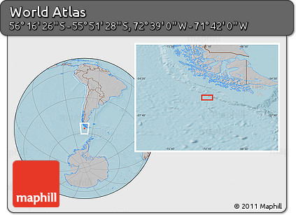 Gray Location Map of the Area around 56° 3' 57" S, 72° 10' 30" W, hill shading