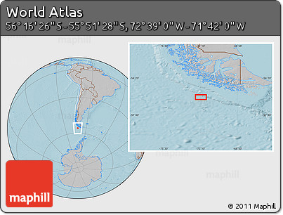Gray Location Map of the Area around 56° 3' 57" S, 72° 10' 30" W, hill shading