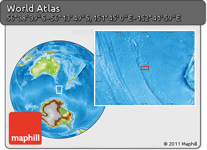 Physical Location Map of the Area around 56° 26' 14" S, 152° 13' 29" E