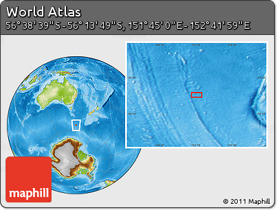 Physical Location Map of the Area around 56° 26' 14" S, 152° 13' 29" E