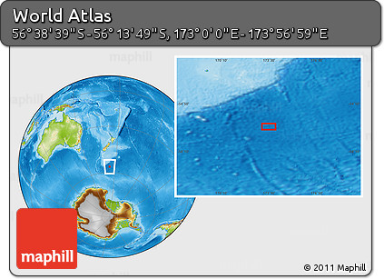 Physical Location Map of the Area around 56° 26' 14" S, 173° 28' 29" E