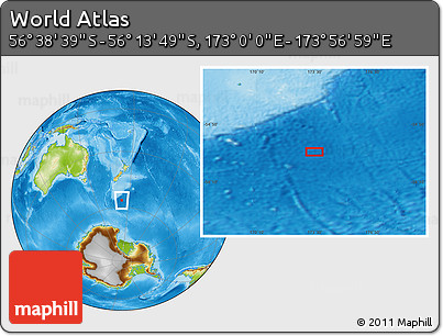 Physical Location Map of the Area around 56° 26' 14" S, 173° 28' 29" E