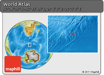 Physical Location Map of the Area around 56° 26' 14" S, 25° 34' 30" E