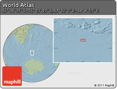 Savanna Style Location Map of the Area around 56° 26' 14" S, 47° 40' 29" E, hill shading