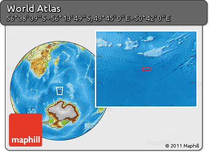Physical Location Map of the Area around 56° 26' 14" S, 50° 13' 30" E