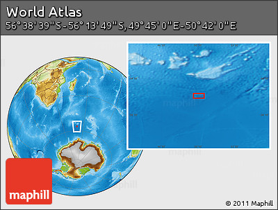 Physical Location Map of the Area around 56° 26' 14" S, 50° 13' 30" E