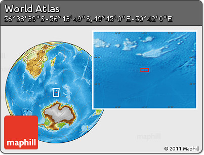 Physical Location Map of the Area around 56° 26' 14" S, 50° 13' 30" E
