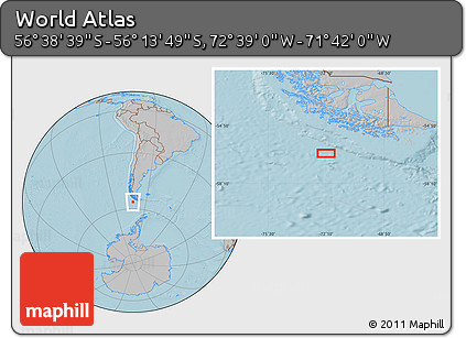 Gray Location Map of the Area around 56° 26' 14" S, 72° 10' 30" W, hill shading