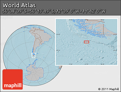 Gray Location Map of the Area around 56° 26' 14" S, 72° 10' 30" W, hill shading