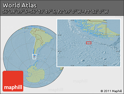 Savanna Style Location Map of the Area around 56° 26' 14" S, 72° 10' 30" W, hill shading