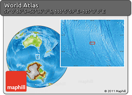 Physical Location Map of the Area around 56° 48' 24" S, 144° 34' 29" E
