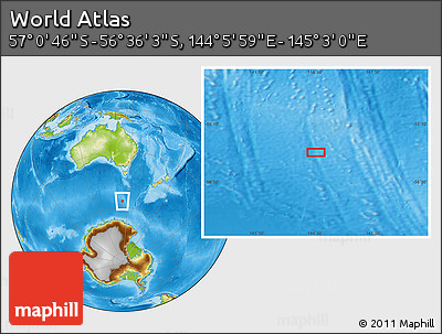 Physical Location Map of the Area around 56° 48' 24" S, 144° 34' 29" E