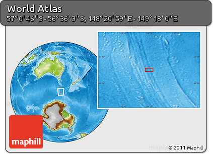 Physical Location Map of the Area around 56° 48' 24" S, 148° 49' 29" E