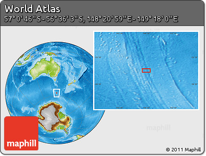 Physical Location Map of the Area around 56° 48' 24" S, 148° 49' 29" E