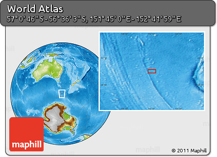 Physical Location Map of the Area around 56° 48' 24" S, 152° 13' 29" E