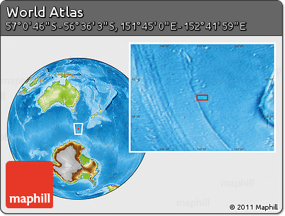 Physical Location Map of the Area around 56° 48' 24" S, 152° 13' 29" E