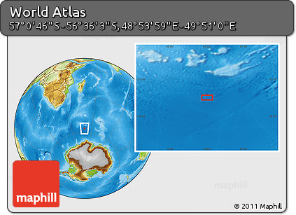 Physical Location Map of the Area around 56° 48' 24" S, 49° 22' 30" E