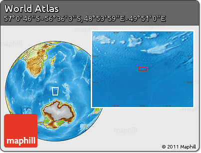 Physical Location Map of the Area around 56° 48' 24" S, 49° 22' 30" E