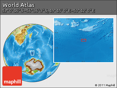 Physical Location Map of the Area around 56° 48' 24" S, 50° 13' 30" E
