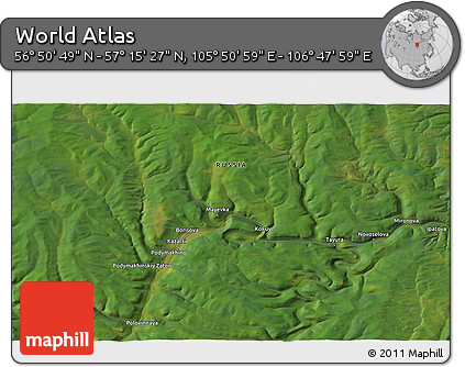 Satellite 3D Map of the Area around 57° 3' 8" N, 106° 19' 29" E