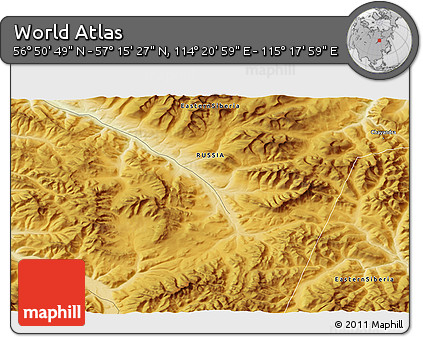 Physical 3D Map of the Area around 57° 3' 8" N, 114° 49' 29" E