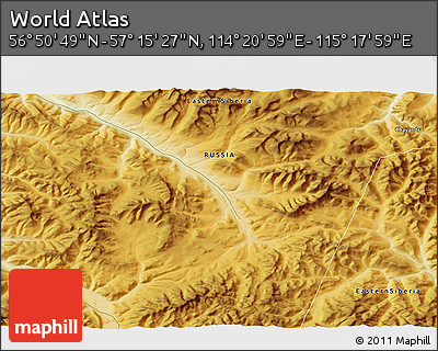 Physical 3D Map of the Area around 57° 3' 8" N, 114° 49' 29" E