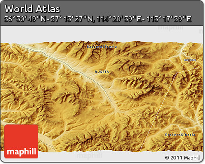 Physical 3D Map of the Area around 57° 3' 8" N, 114° 49' 29" E