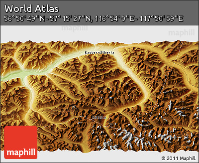 Physical 3D Map of the Area around 57° 3' 8" N, 117° 22' 30" E