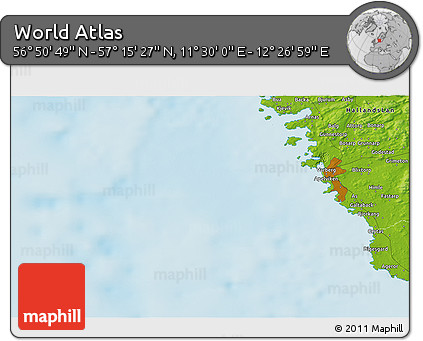 Physical 3D Map of the Area around 57° 3' 8" N, 11° 58' 29" E