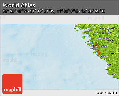Physical 3D Map of the Area around 57° 3' 8" N, 11° 58' 29" E
